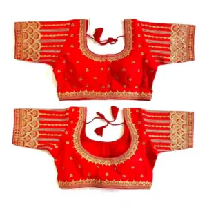 Women's Phantom Silk Embroidery Round Neck Short Sleeve Readymade Blouse (Red, Free Size)