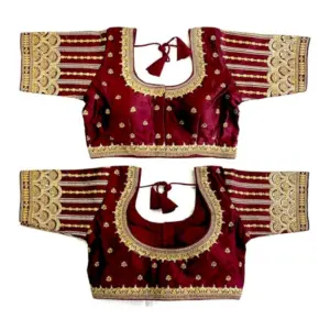 Women's Phantom Silk Embroidery Round Neck Short Sleeve Readymade Blouse (Brown, Free Size)