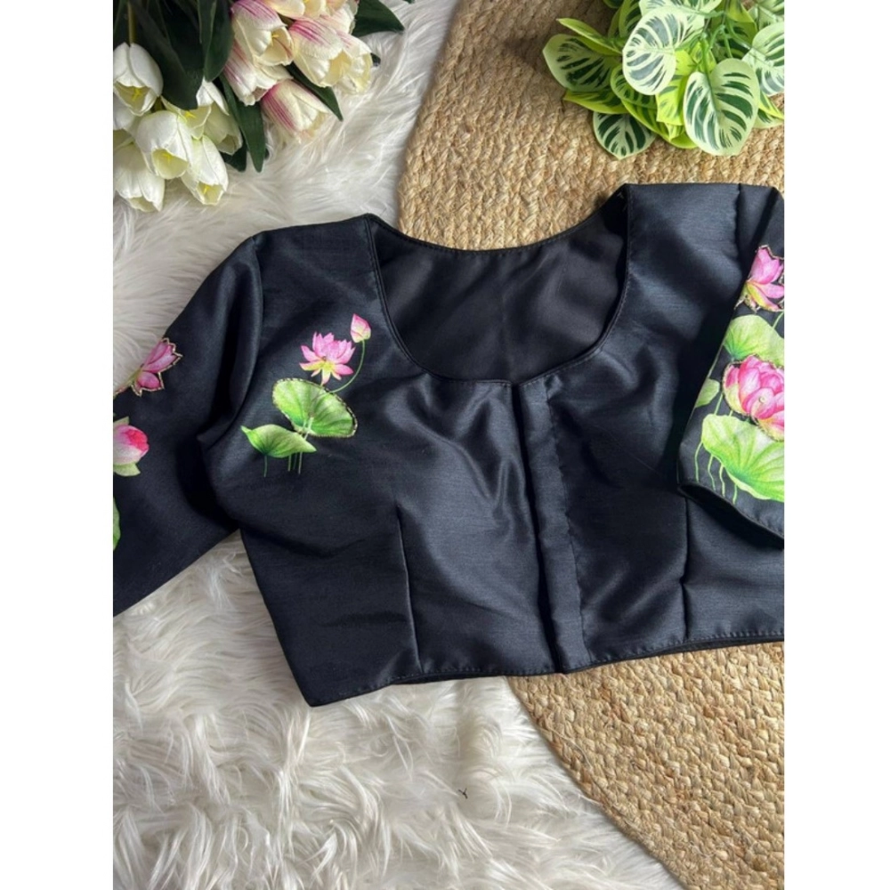 Women's Silk Hand Work Round Neck Short Sleeve Readymade Blouse (Black, Free Size)