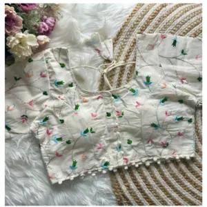 Women's Khadi Cotton Embroidery Round Neck Short Sleeve Readymade Blouse (White, Free Size)