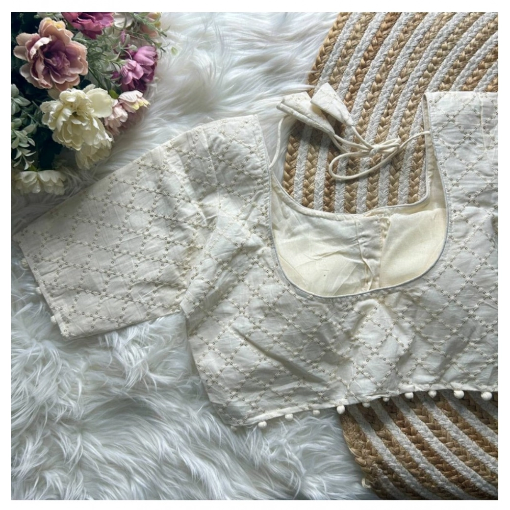 Women's Khadi Cotton Embroidery Round Neck Short Sleeve Readymade Blouse (White, Free Size) - Image 2