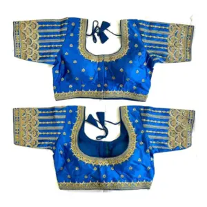 Women's Phantom Silk Embroidery Round Neck Short Sleeve Readymade Blouse (Royal Blue, Free Size)