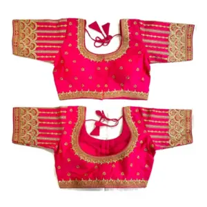 Women's Phantom Silk Embroidery Round Neck Short Sleeve Readymade Blouse (Pink, Free Size)