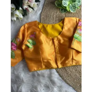 Women's Silk Hand Work Round Neck Short Sleeve Readymade Blouse (Mustard, Free Size)