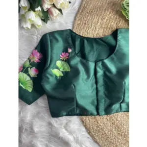 Women's Silk Hand Work Round Neck Short Sleeve Readymade Blouse (Green, Free Size)