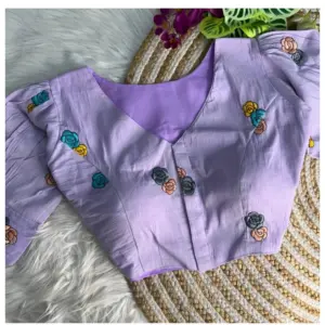 Women's Khadi Cotton Embroidery V Neck Short Sleeve Readymade Blouse (Lavender, Free Size)
