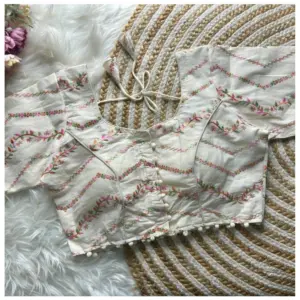 Women's Khadi Cotton Embroidery Round Neck Short Sleeve Readymade Blouse (White, Free Size)