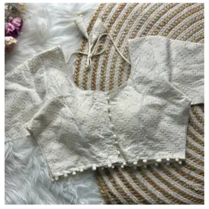 Women's Khadi Cotton Embroidery Round Neck Short Sleeve Readymade Blouse (White, Free Size)