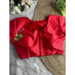 Women's Silk Hand Work Round Neck Short Sleeve Readymade Blouse (Red, Free Size)