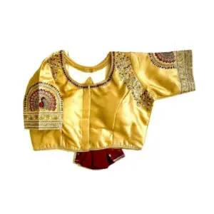 Women's Shining silk Sequance Round Neck Short Sleeve Readymade Blouse (Yellow, Free Size)