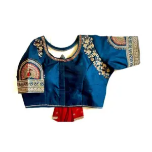 Women's Shining silk Sequance Round Neck Short Sleeve Readymade Blouse (Teal, Free Size)