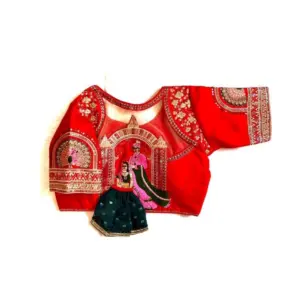 Women's Shining silk Sequance Round Neck Short Sleeve Readymade Blouse (Red, Free Size)