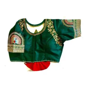 Women's Shining silk Sequance Round Neck Short Sleeve Readymade Blouse (Green, Free Size)