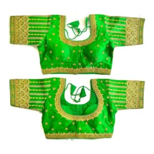 Women's Phantom Silk Embroidery Round Neck Short Sleeve Readymade Blouse (Light Green, Free Size)