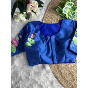 Women's Silk Hand Work Round Neck Short Sleeve Readymade Blouse (Blue, Free Size)