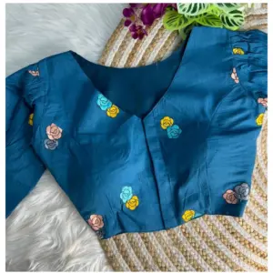 Women's Khadi Cotton Embroidery V Neck Short Sleeve Readymade Blouse (Blue, Free Size)