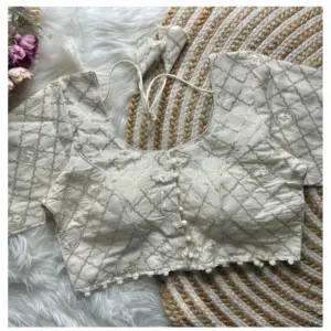 Women's Khadi Cotton Embroidery Round Neck Short Sleeve Readymade Blouse (White, Free Size)