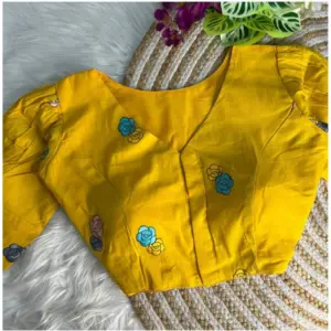 Women's Khadi Cotton Embroidery V Neck Short Sleeve Readymade Blouse (Yellow, Free Size)