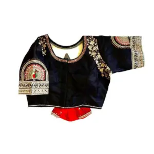 Women's Shining silk Sequance Round Neck Short Sleeve Readymade Blouse (Navy Blue, Free Size)