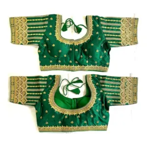 Women's Phantom Silk Embroidery Round Neck Short Sleeve Readymade Blouse (Green, Free Size)