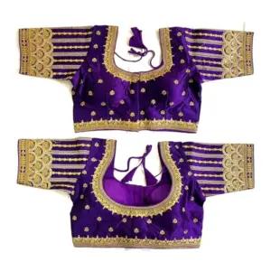 Women's Phantom Silk Embroidery Round Neck Short Sleeve Readymade Blouse (Blue, Free Size)