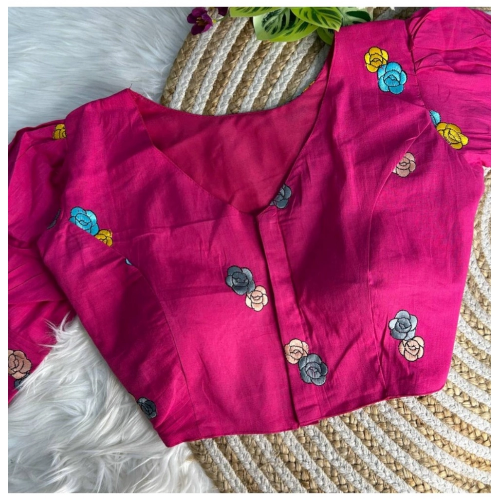 Women's Khadi Cotton Embroidery V Neck Short Sleeve Readymade Blouse (Pink, Free Size)