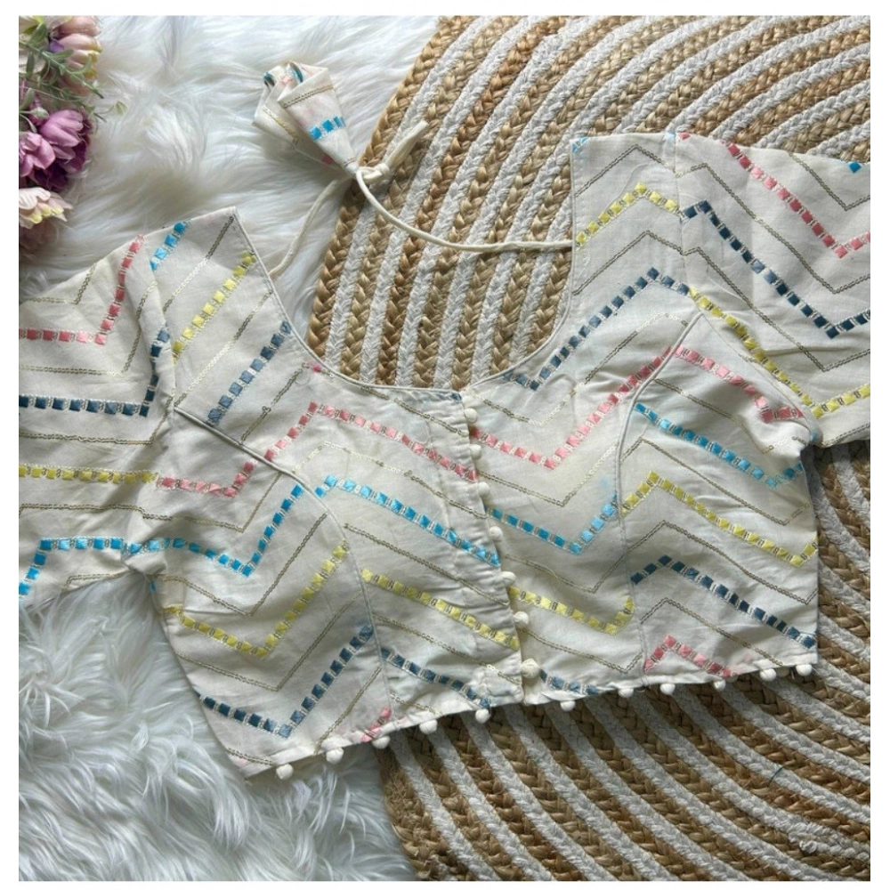 Women's Khadi Cotton Embroidery Round Neck Short Sleeve Readymade Blouse (White, Free Size)