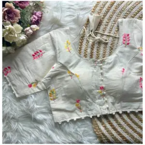 Women's Khadi Cotton Embroidery Round Neck Short Sleeve Readymade Blouse (White, Free Size)