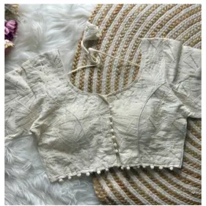 Women's Khadi Cotton Embroidery Round Neck Short Sleeve Readymade Blouse (White, Free Size)