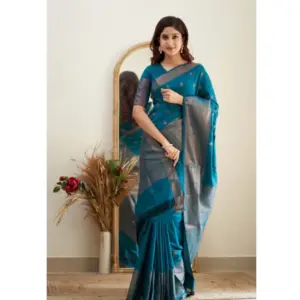Women's Banarasi Silk Woven Saree With Unstitched Blouse 5.5Mtr (Turquoise)