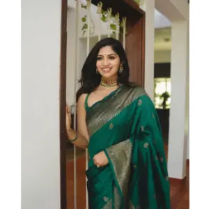 Women's Banarasi Silk Woven Saree With Unstitched Blouse 5.5Mtr (Green)