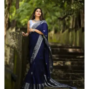 Women's Banarasi Silk Woven Saree With Unstitched Blouse 5.5Mtr (Blue)