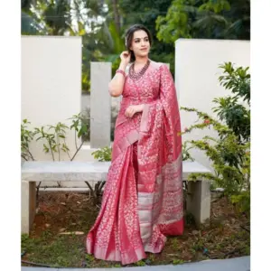 Women's Banarasi Silk Woven Saree With Unstitched Blouse 5.5Mtr (Pink)