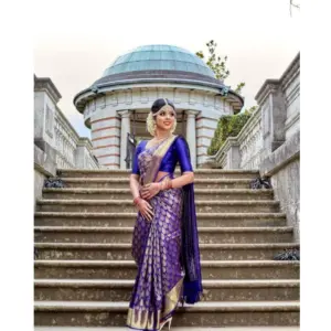 Women's Banarasi Silk Woven Saree With Unstitched Blouse 5.5Mtr (Blue)