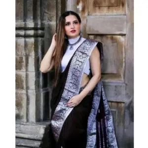 Women's Banarasi Silk Woven Saree With Unstitched Blouse 5.5Mtr (Black)