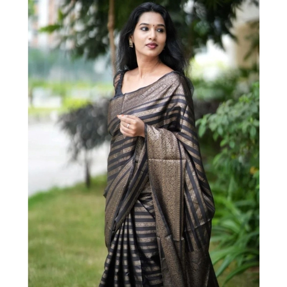 Women's Banarasi Silk Woven Saree With Unstitched Blouse 5.5Mtr (Black) - Image 2
