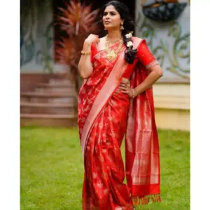 Women's Banarasi Silk Woven Saree With Unstitched Blouse 5.5Mtr (Red)
