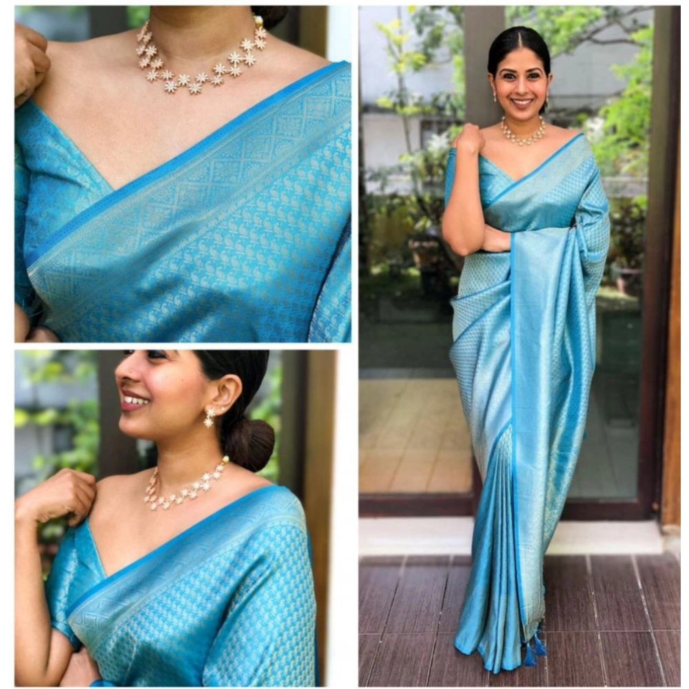 Women's Banarasi Silk Woven Saree With Unstitched Blouse 5.5Mtr (Sky Blue) - Image 2