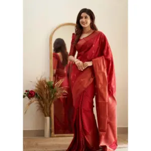 Women's Banarasi Silk Woven Saree With Unstitched Blouse 5.5Mtr (Red)