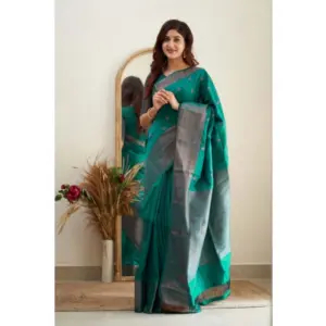 Women's Banarasi Silk Woven Saree With Unstitched Blouse 5.5Mtr (Rama Green)