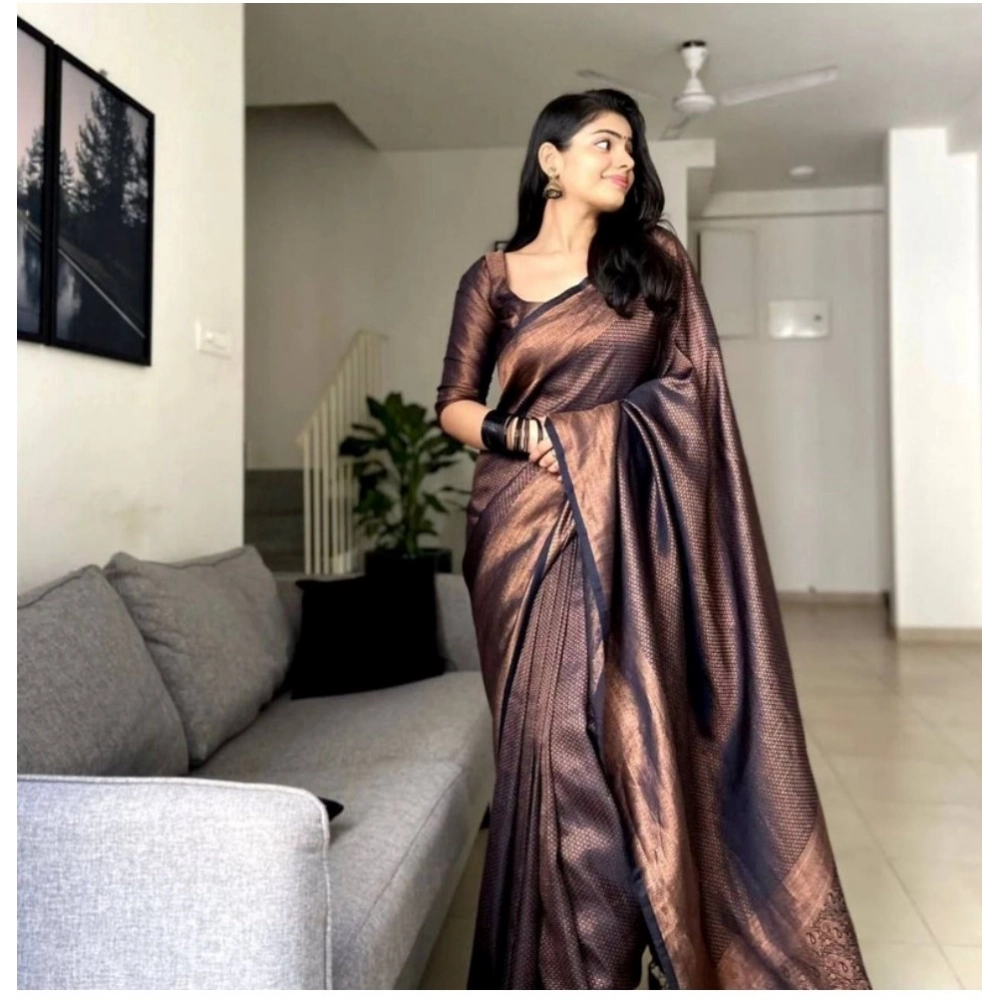 Women's Banarasi Silk Woven Saree With Unstitched Blouse 5.5Mtr (Black)