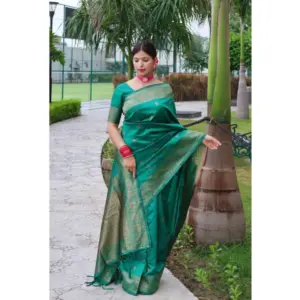 Women's Banarasi Silk Woven Saree With Unstitched Blouse 5.5Mtr (Teal Green)