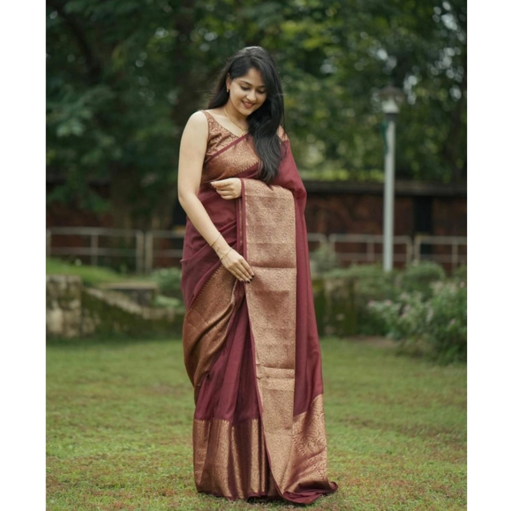 Women's Banarasi Silk Woven Saree With Unstitched Blouse 5.5Mtr (Maroon)