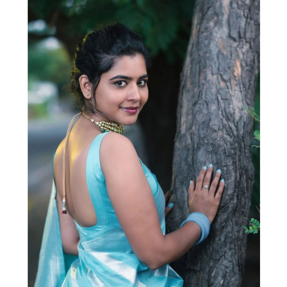 Women's Banarasi Silk Woven Saree With Unstitched Blouse 5.5Mtr (Sky Blue) - Image 4