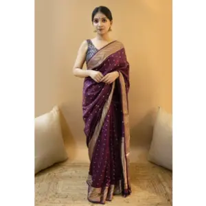 Women's Banarasi Silk Woven Saree With Unstitched Blouse 5.5Mtr (Purple)