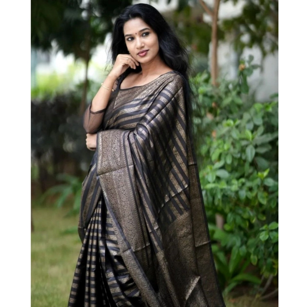 Women's Banarasi Silk Woven Saree With Unstitched Blouse 5.5Mtr (Black) - Image 4