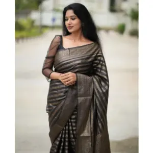 Women's Banarasi Silk Woven Saree With Unstitched Blouse 5.5Mtr (Black)