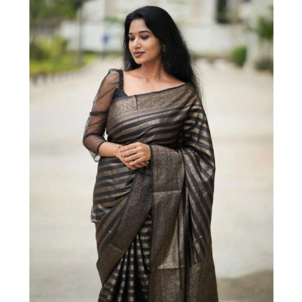 Women's Banarasi Silk Woven Saree With Unstitched Blouse 5.5Mtr (Black)