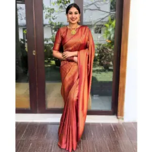 Women's Banarasi Silk Woven Saree With Unstitched Blouse 5.5Mtr (Maroon)