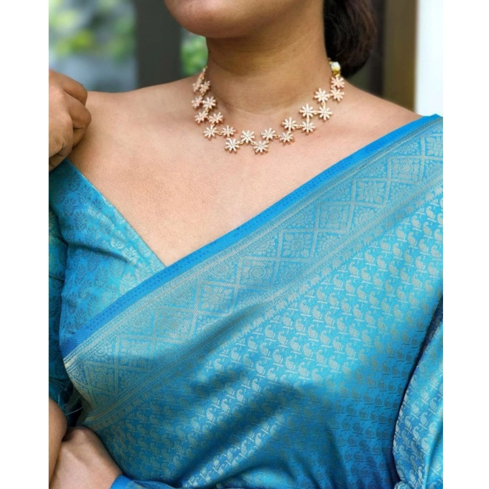 Women's Banarasi Silk Woven Saree With Unstitched Blouse 5.5Mtr (Sky Blue) - Image 3